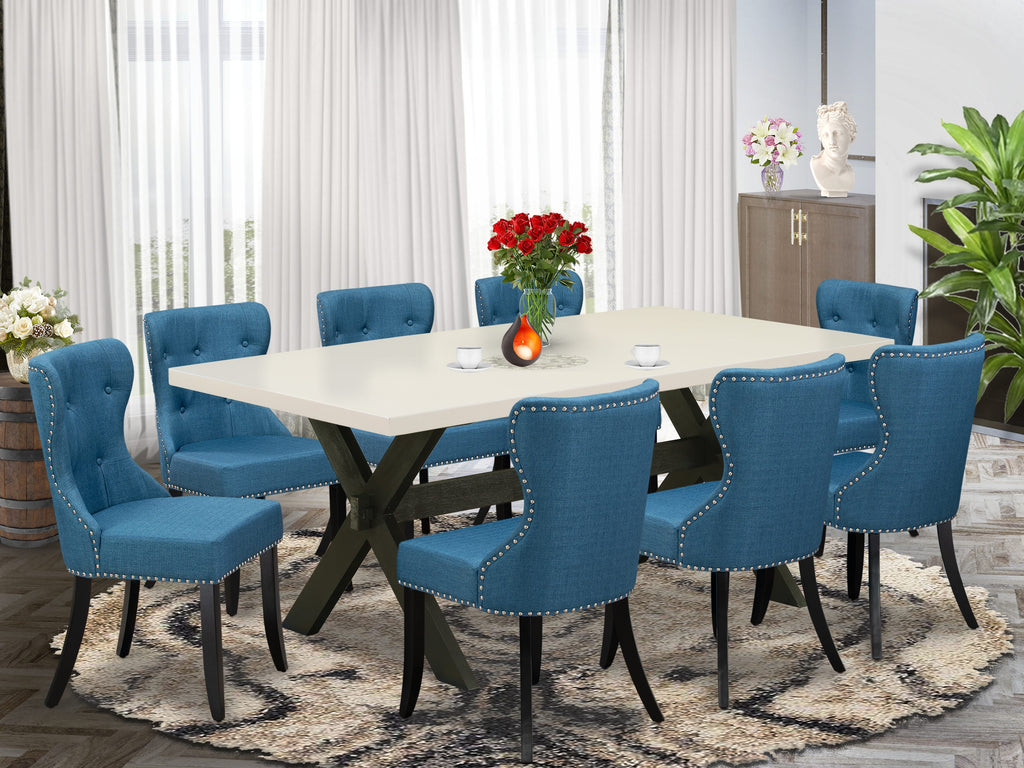 X627SI6UP-7 9 Piece Set with Rectangular Table and 8 Upholstered Blue Chairs, 40x72 inches