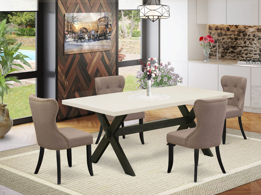 X627S6YQO-Z Contemporary Dining Set Rectangle Table & 4 Coffee-Linen Chairs, Multi-Hue, 40x72