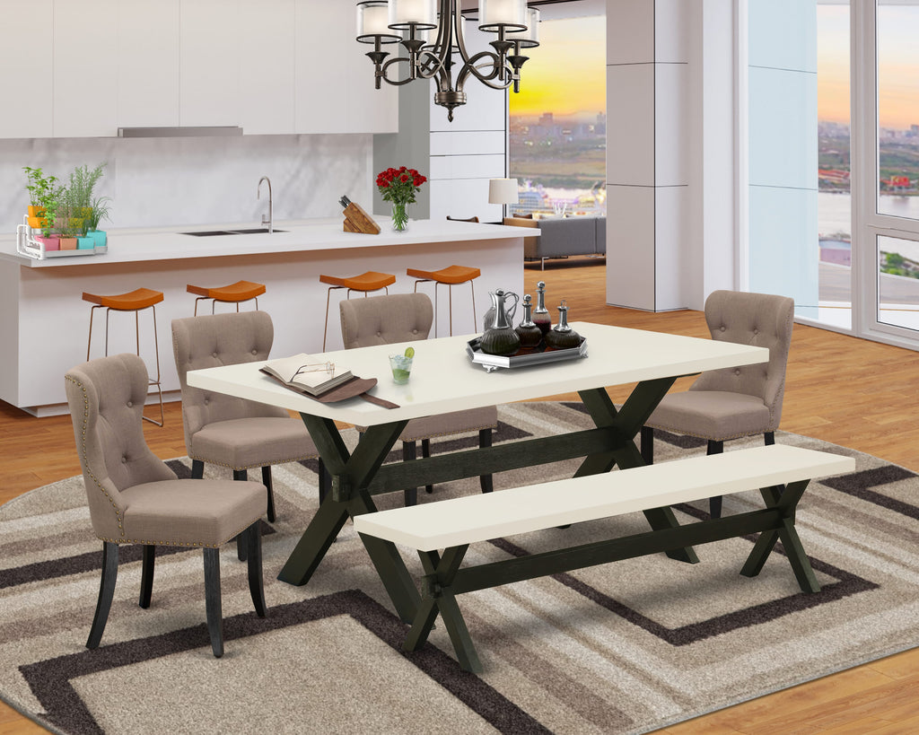 X627S8QD2-C 6-Piece Dining Ensemble Rectangular Table, X-Legs with Coffee Parson Chairs and Bench