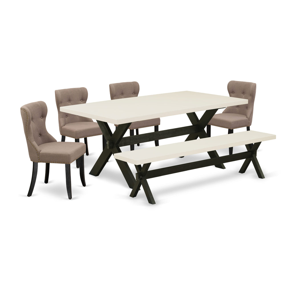 X627S8QD2-C 6-Piece Dining Ensemble Rectangular Table, X-Legs with Coffee Parson Chairs and Bench