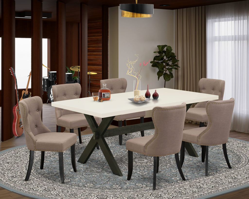 X627SG3IA-Q 7-Piece Dining Set with Rectangular Table and 6 Linen Upholstered Chairs in Coffee Fabric, Multi-Color, 40x72 Inch