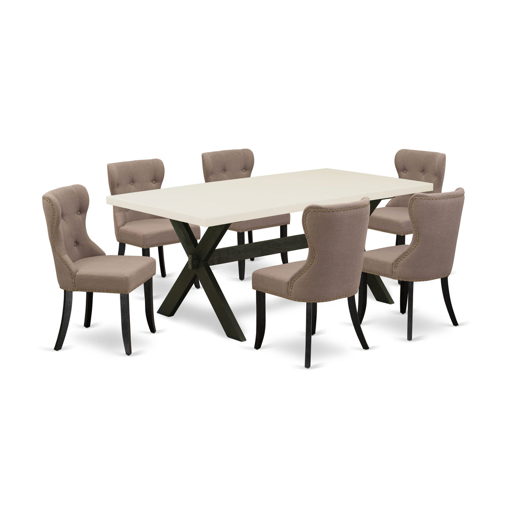 X627SG3IA-Q 7-Piece Dining Set with Rectangular Table and 6 Linen Upholstered Chairs in Coffee Fabric, Multi-Color, 40x72 Inch