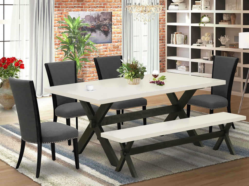 X627V2O95-X 6-Piece Dining Ensemble with X-Leg Table and Upholstered Gotham Chairs Plus Bench, Multi-Tonal Design