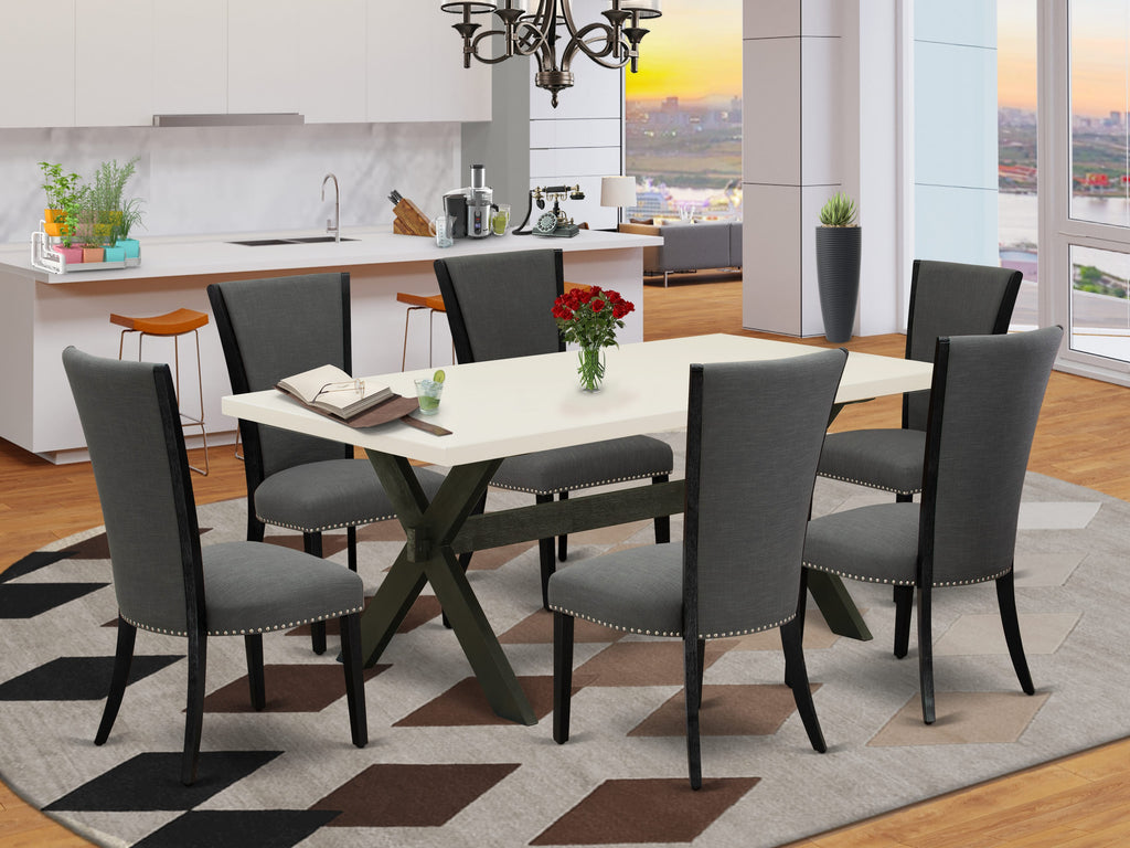 X627V4FI4-G Elegant 7Pc Dining Ensemble - Striking Rectangular Table & Luxuriously Upholstered Seats in Black & White Hues