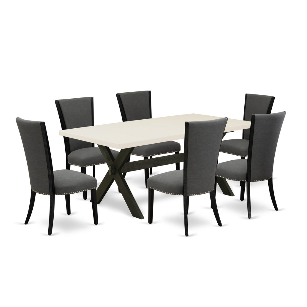 X627V4FI4-G Elegant 7Pc Dining Ensemble - Striking Rectangular Table & Luxuriously Upholstered Seats in Black & White Hues