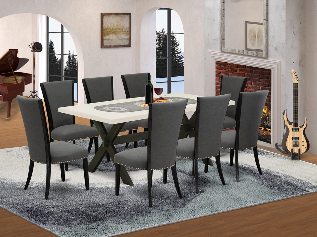 X627VGQ1H-R 9-Piece Dining Ensemble with Rectangular Table and 8 Linen Chairs, Dark Gotham Upholstery, 40x72