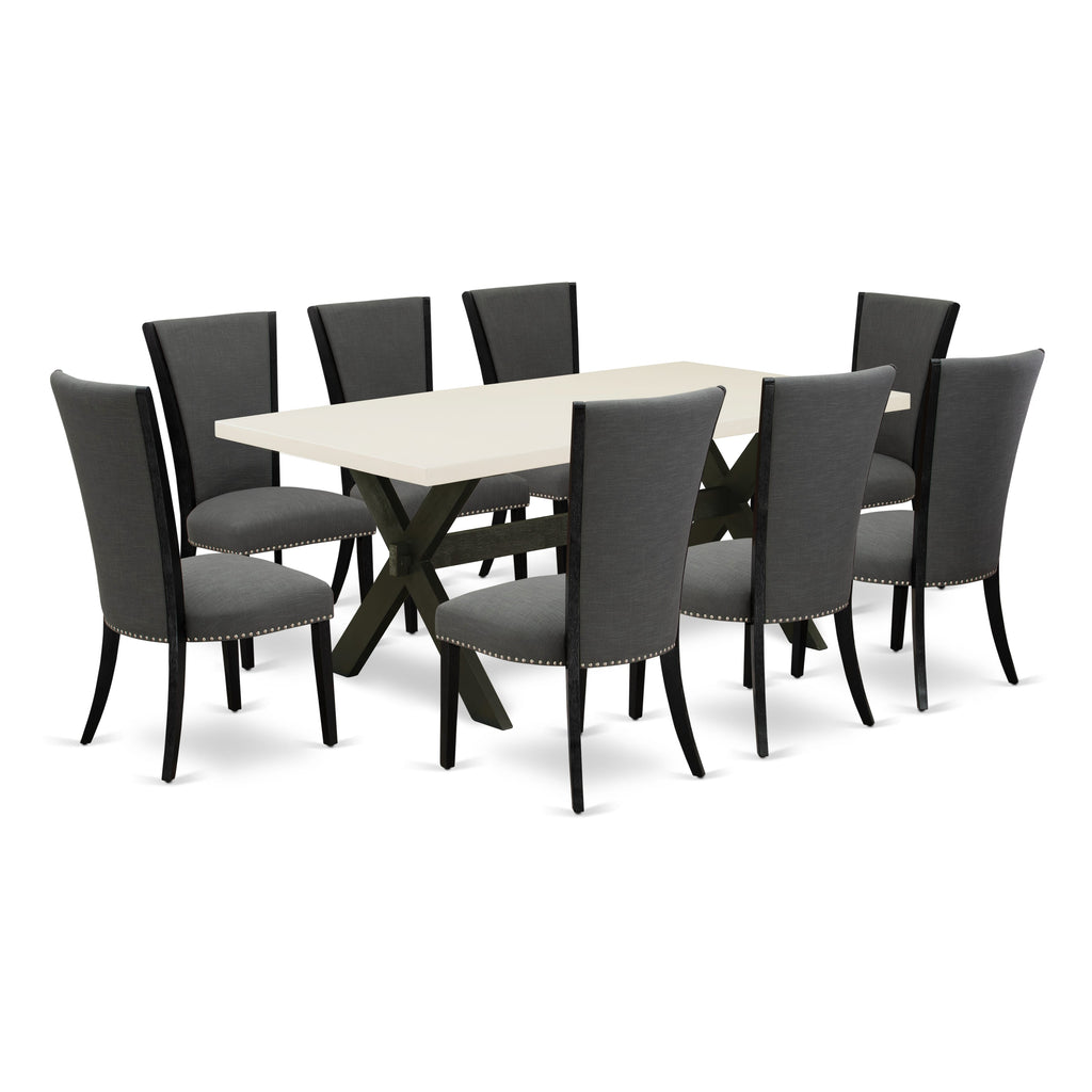 X627VGQ1H-R 9-Piece Dining Ensemble with Rectangular Table and 8 Linen Chairs, Dark Gotham Upholstery, 40x72