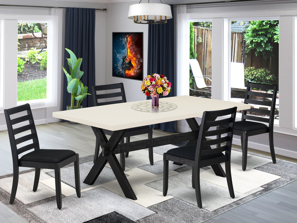 X627XRBPY-V 5-Piece Dining Ensemble with Black Brushed Table and Stackable Chairs in Linen White