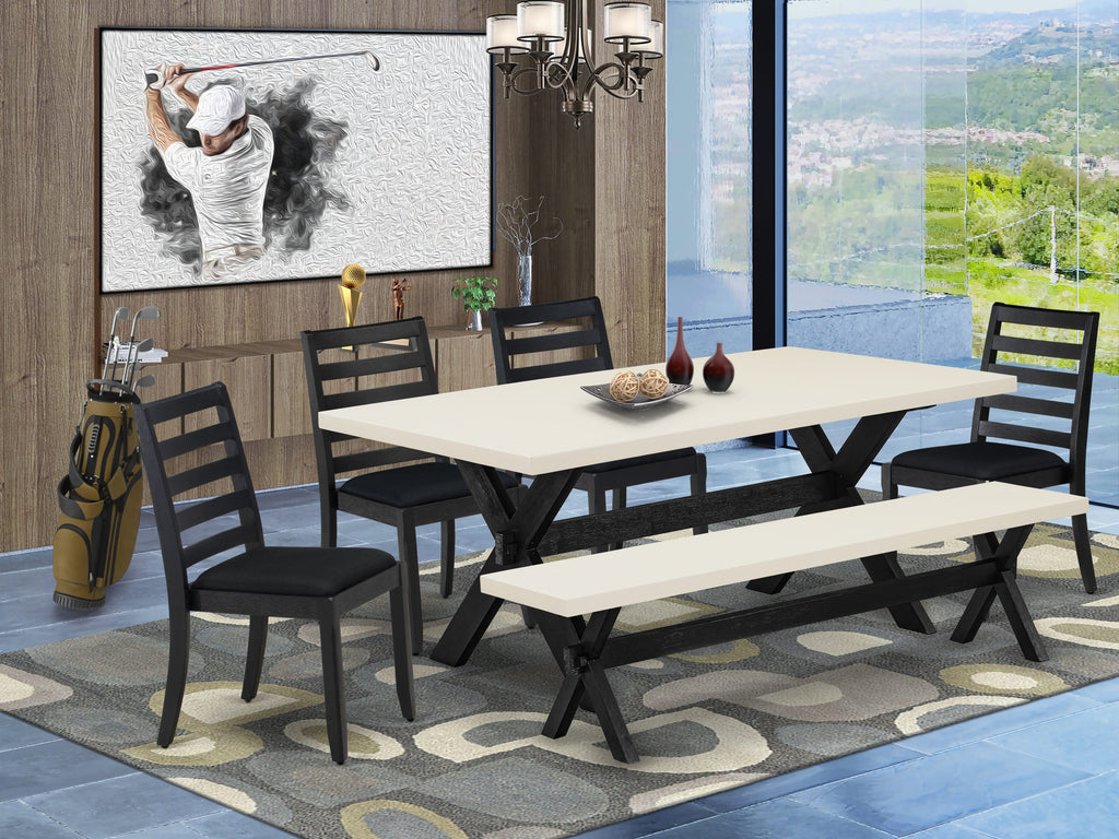 X627XT6TZ-W 6-Piece Dining Ensemble Table, Bench with Light Linen Top, and 4 Black Upholstered Chairs
