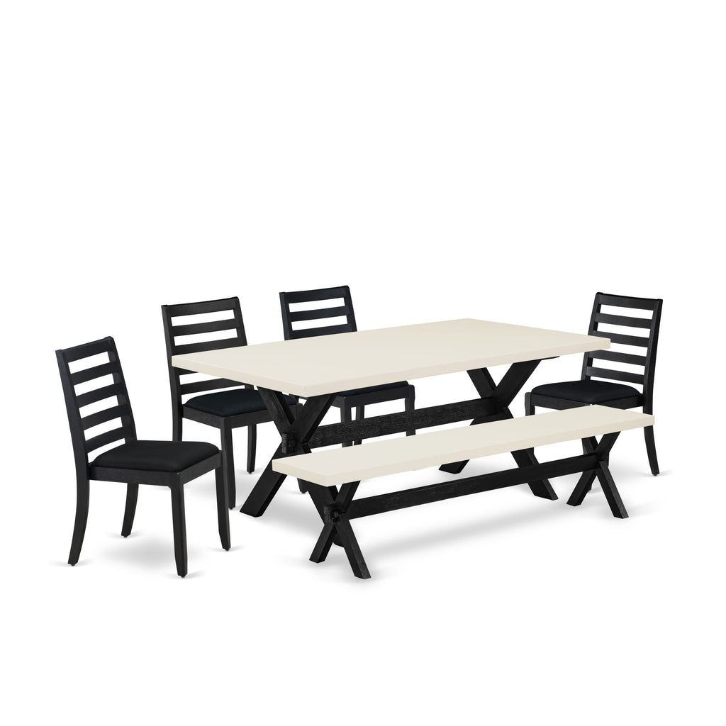 X627XT6TZ-W 6-Piece Dining Ensemble Table, Bench with Light Linen Top, and 4 Black Upholstered Chairs