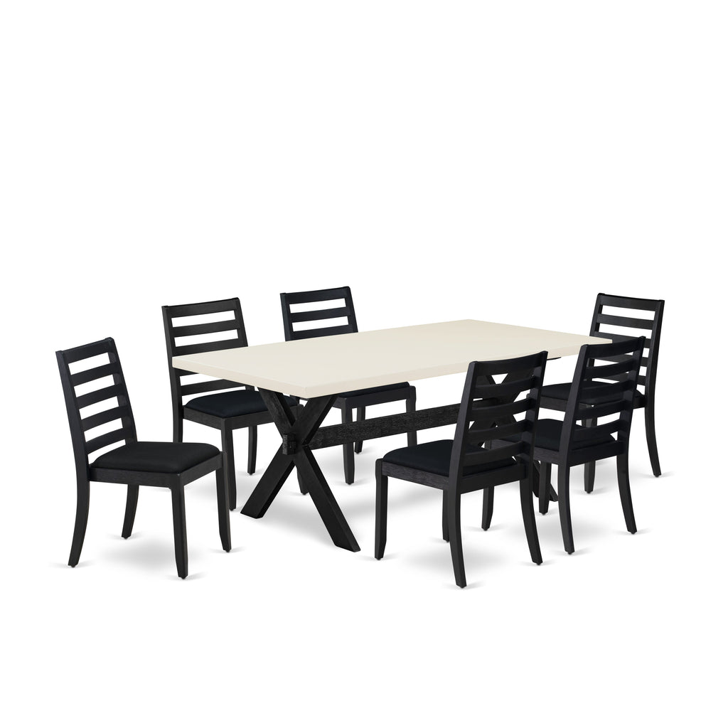 X627XUF0L-8 7-Piece Dining Set with Stackable Black Linen Chairs and Wire-Brushed Table