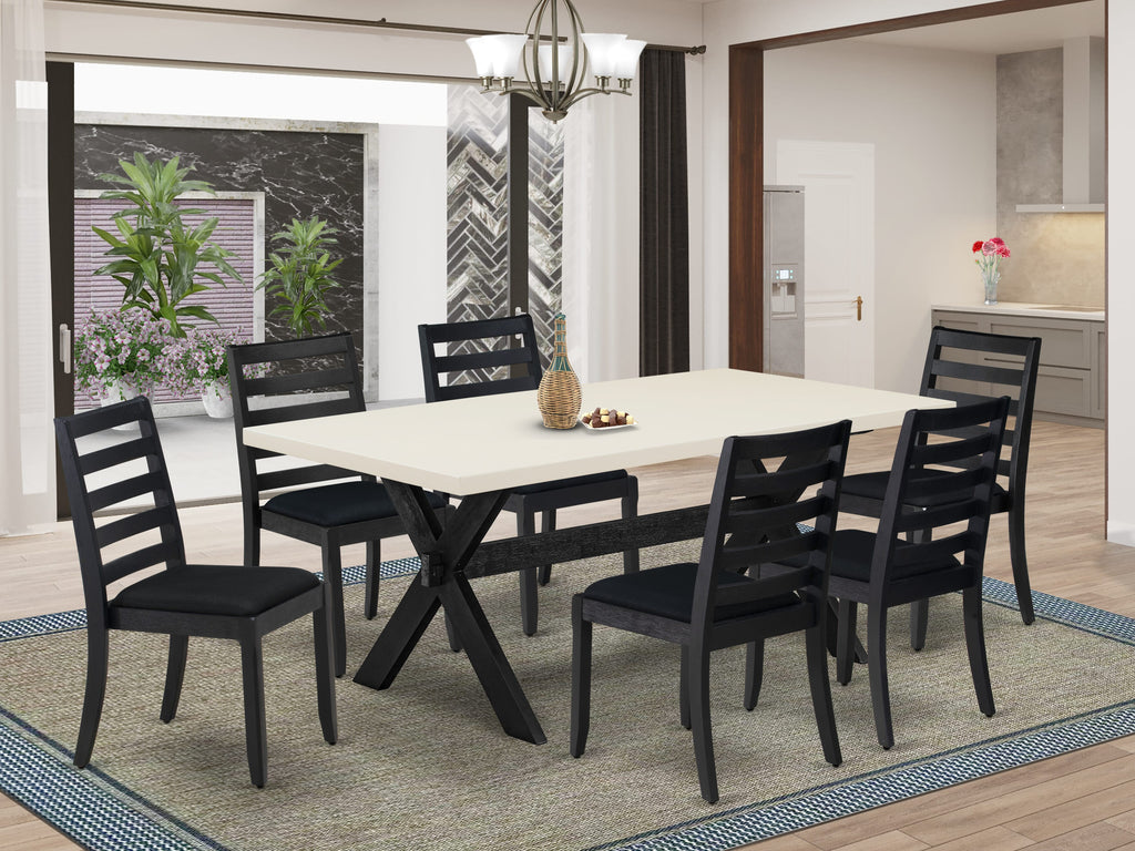 X627XUF0L-8 7-Piece Dining Set with Stackable Black Linen Chairs and Wire-Brushed Table