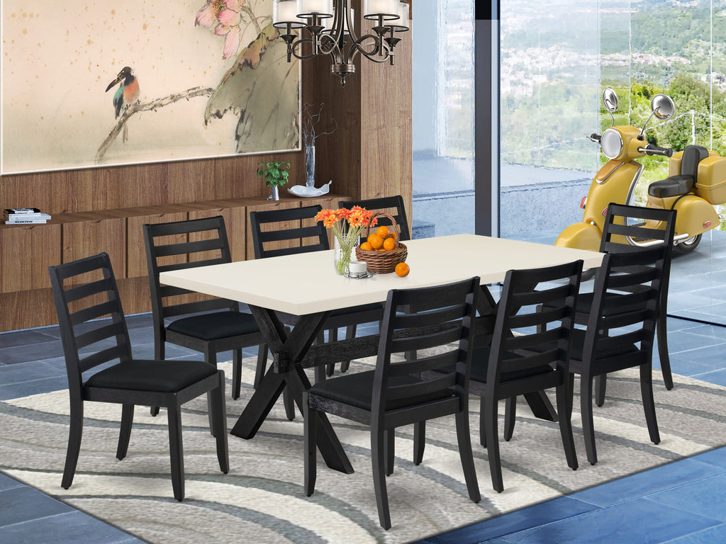 X627XPIUR-0 Stylish 9-Piece Dining Ensemble with White-Topped Table and 8 Black Fabric Chairs in Sleek, Wire-Brushed Black Finish