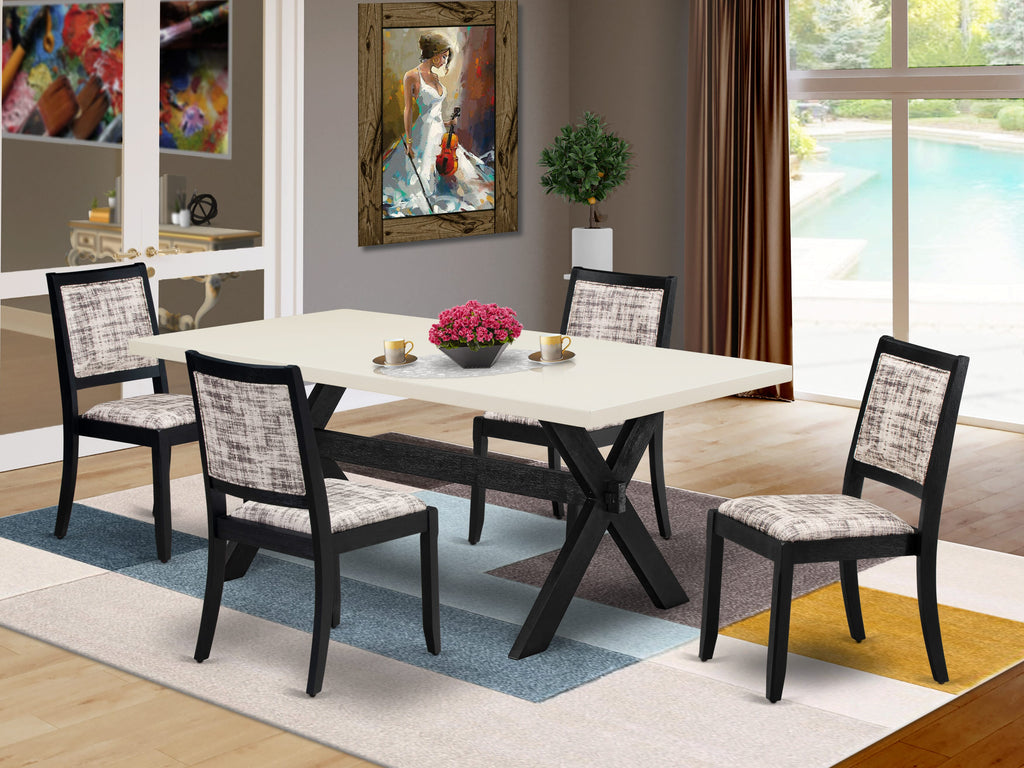 X627XDRFE-D 5-Piece Dining Set Smooth Linen White Tabletop and Four Chic Stackable White & Gray Chairs