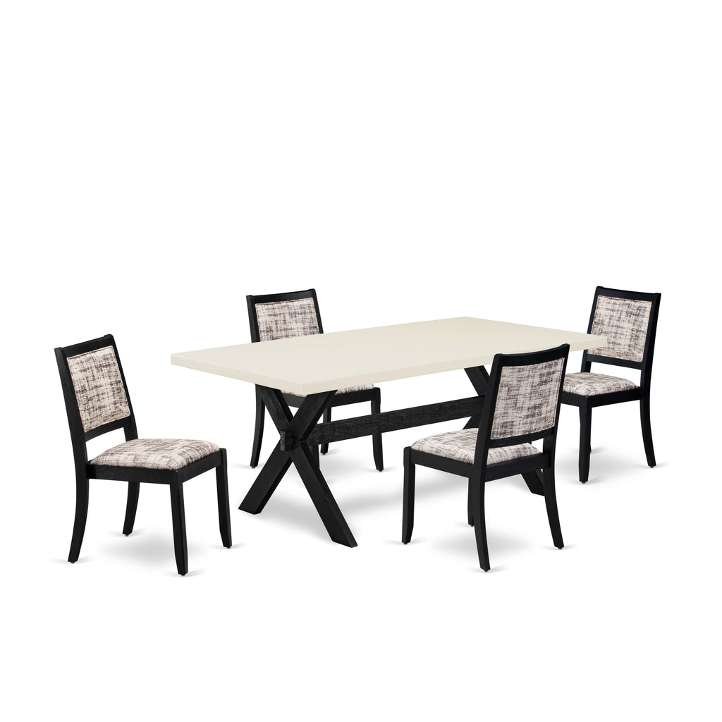 X627XDRFE-D 5-Piece Dining Set Smooth Linen White Tabletop and Four Chic Stackable White & Gray Chairs