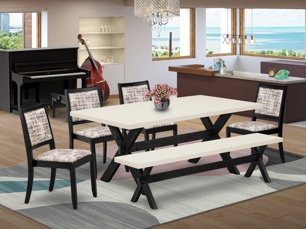 X627XH48N-N Dining Ensemble Table, Bench, and Four Chairs Featuring Elegant White Faux Leather and Black Finish