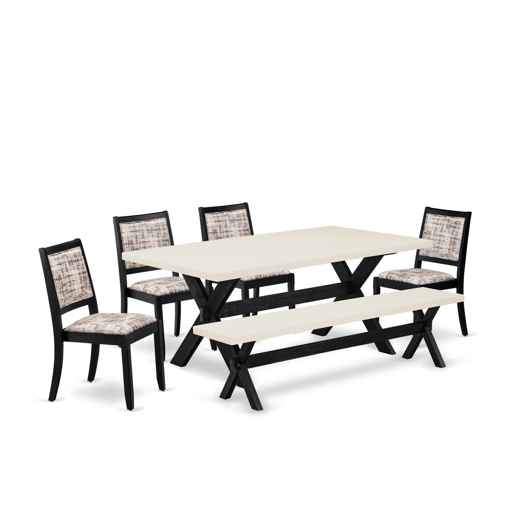 X627XH48N-N Dining Ensemble Table, Bench, and Four Chairs Featuring Elegant White Faux Leather and Black Finish