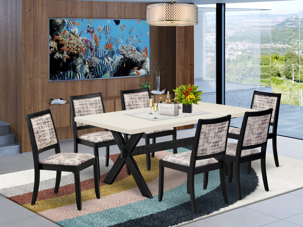 X627X7JEL-O 7-Piece Dining Set with Linen Top & Faux Leather Chairs - Black Wire-Brushed Finish