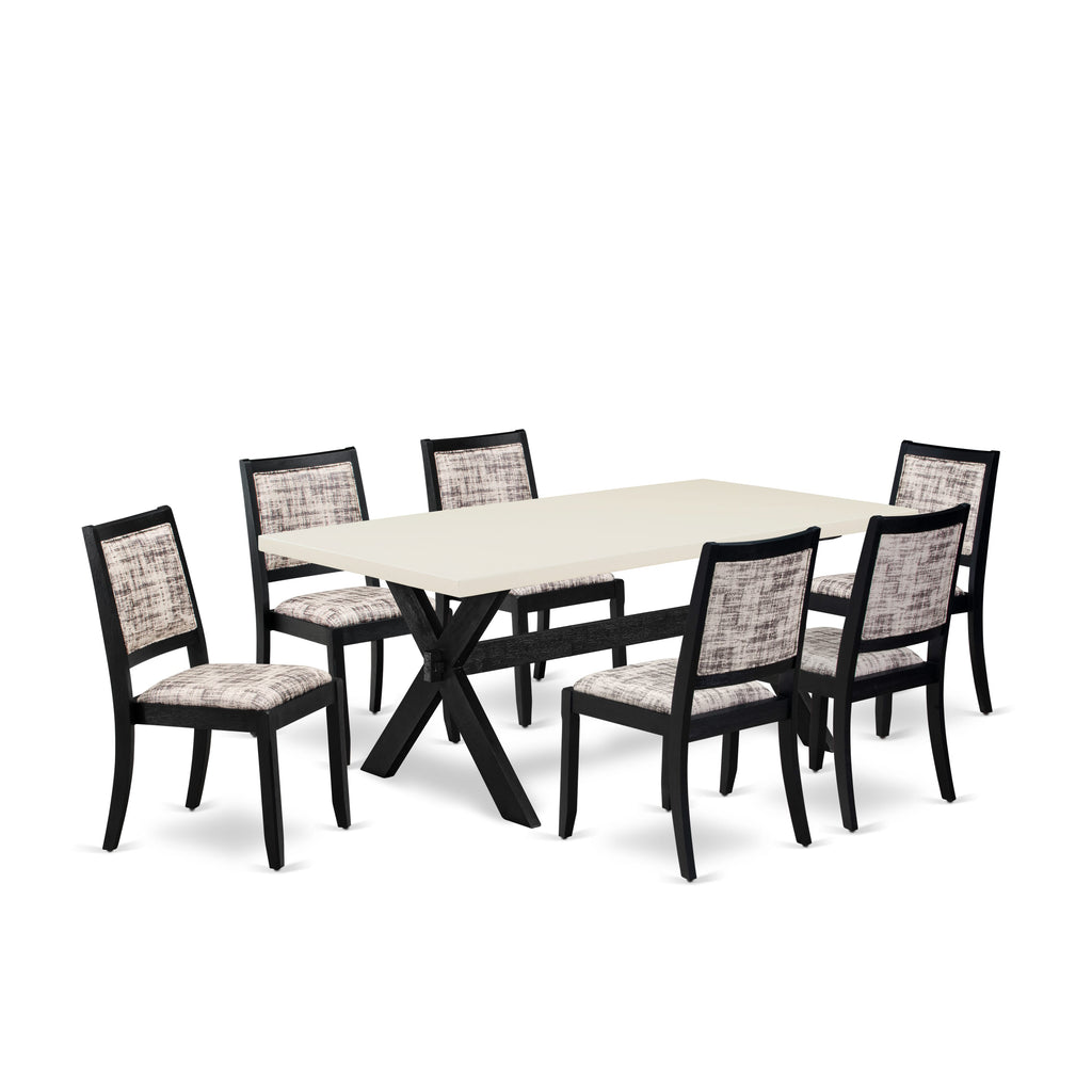 X627X7JEL-O 7-Piece Dining Set with Linen Top & Faux Leather Chairs - Black Wire-Brushed Finish