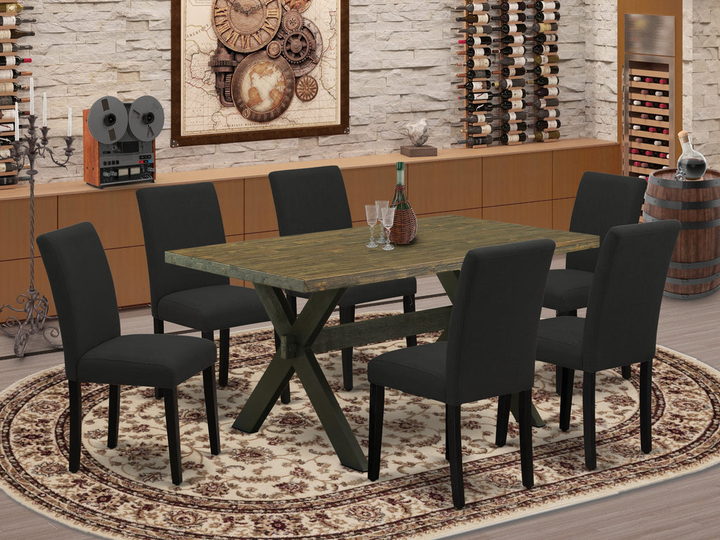 X676A8W6N-6 7-Pc Dining Ensemble Rectangle Table with X-Legs & 6 Black Upholstered Seating, 36x60 Multi-Color Design