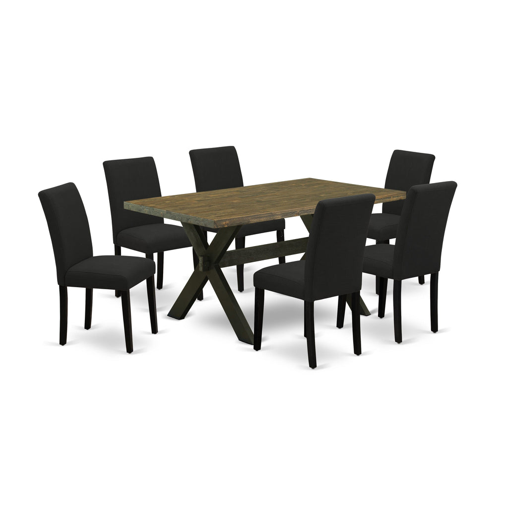 X676A8W6N-6 7-Pc Dining Ensemble Rectangle Table with X-Legs & 6 Black Upholstered Seating, 36x60 Multi-Color Design