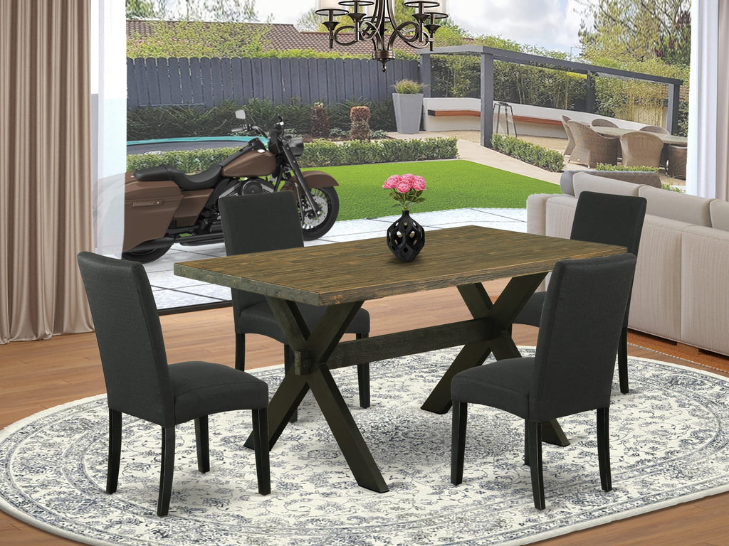 X676DPGVS-P 5-Piece Dining Set Rectangular Table with X-Legs & Four Black Fabric Chairs, 36x60 Inch, Multi-Color