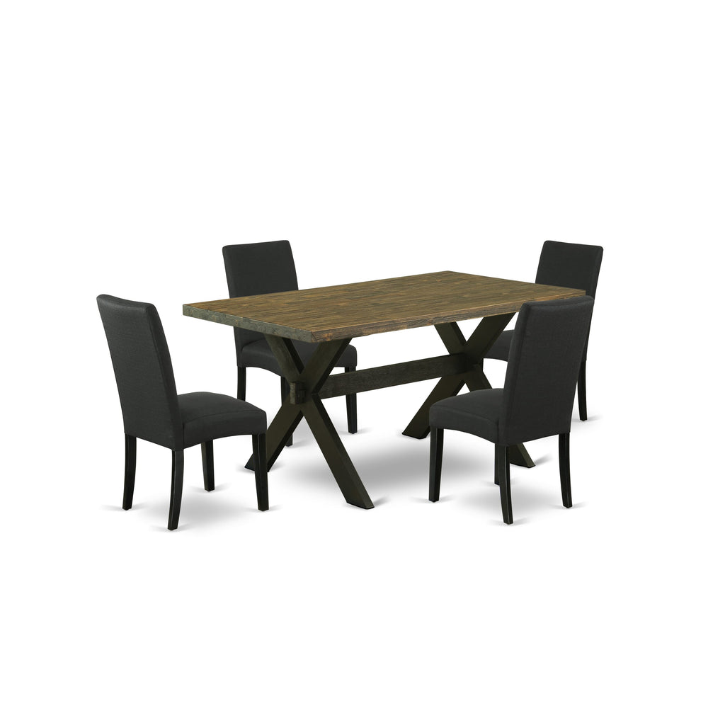 X676DPGVS-P 5-Piece Dining Set Rectangular Table with X-Legs & Four Black Fabric Chairs, 36x60 Inch, Multi-Color