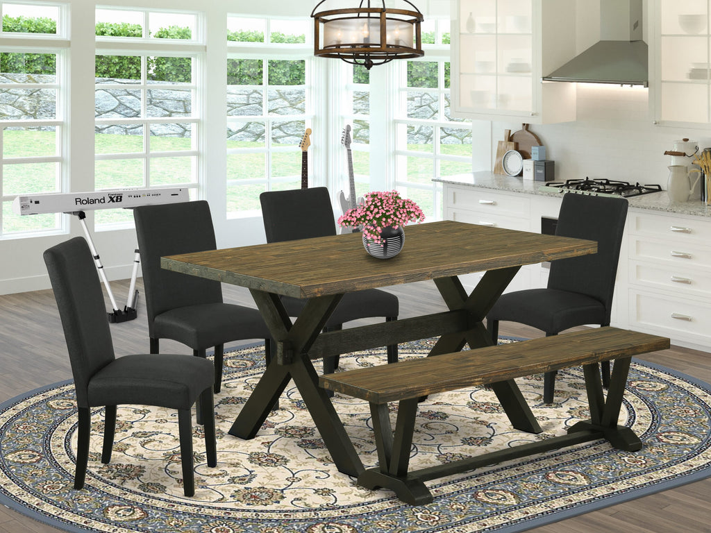X676DFINS-6 6-Piece Dining Ensemble with X-Leg Table, Bench, and 4 Parson Chairs in Black Fabric