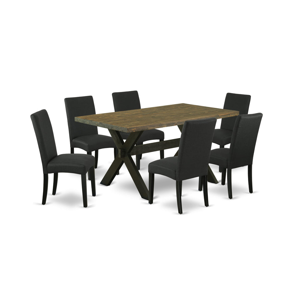 X676DM0QA-3 Seven-Piece Dining Set with Spacious Rectangular Table, X-Legs, and Cozy Black Chairs
