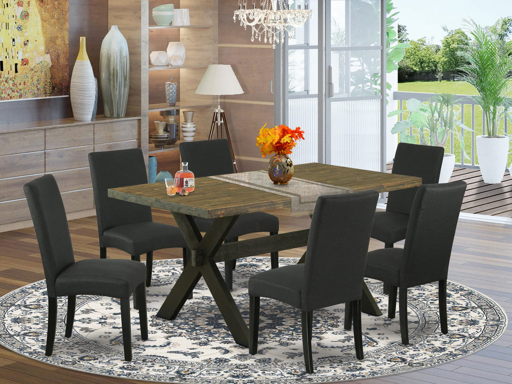 X676DM0QA-3 Seven-Piece Dining Set with Spacious Rectangular Table, X-Legs, and Cozy Black Chairs