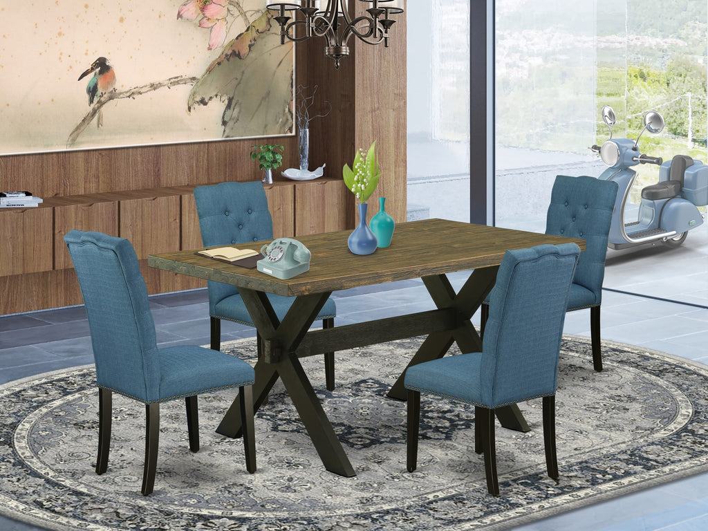 X676ECO64-Z 5-Piece Dining Ensemble Rectangle Table with X-Legs and 4 Blue Linen Chairs, 36x60 Multi-Color
