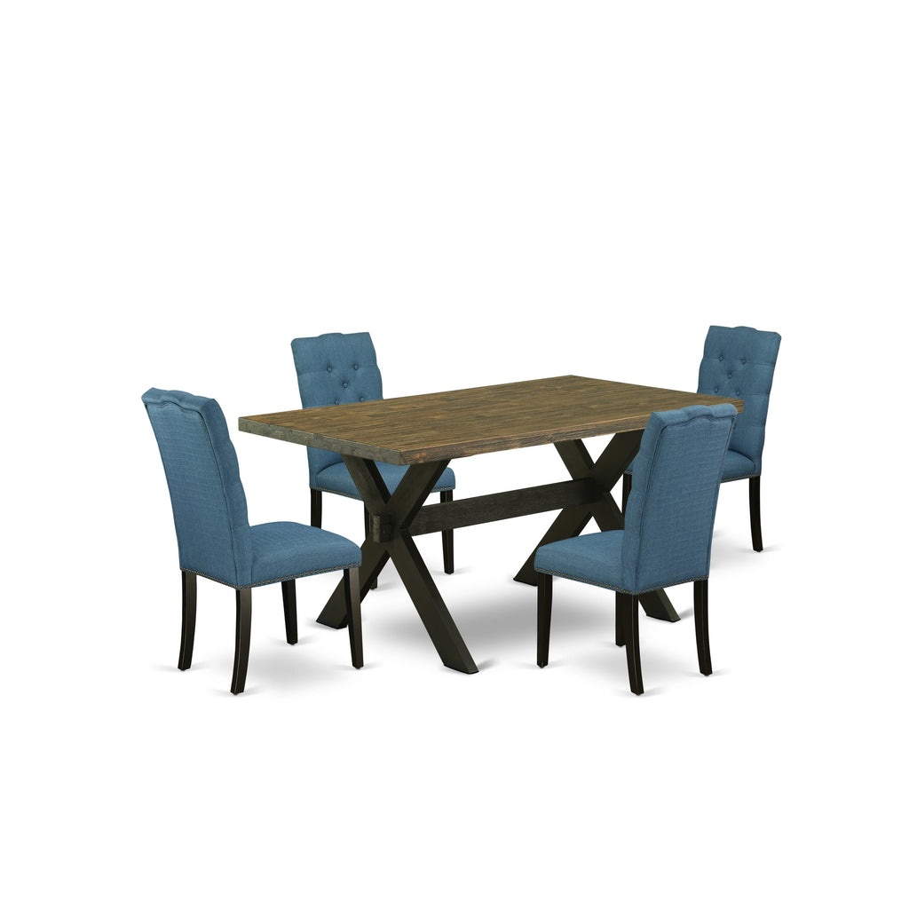 X676ECO64-Z 5-Piece Dining Ensemble Rectangle Table with X-Legs and 4 Blue Linen Chairs, 36x60 Multi-Color