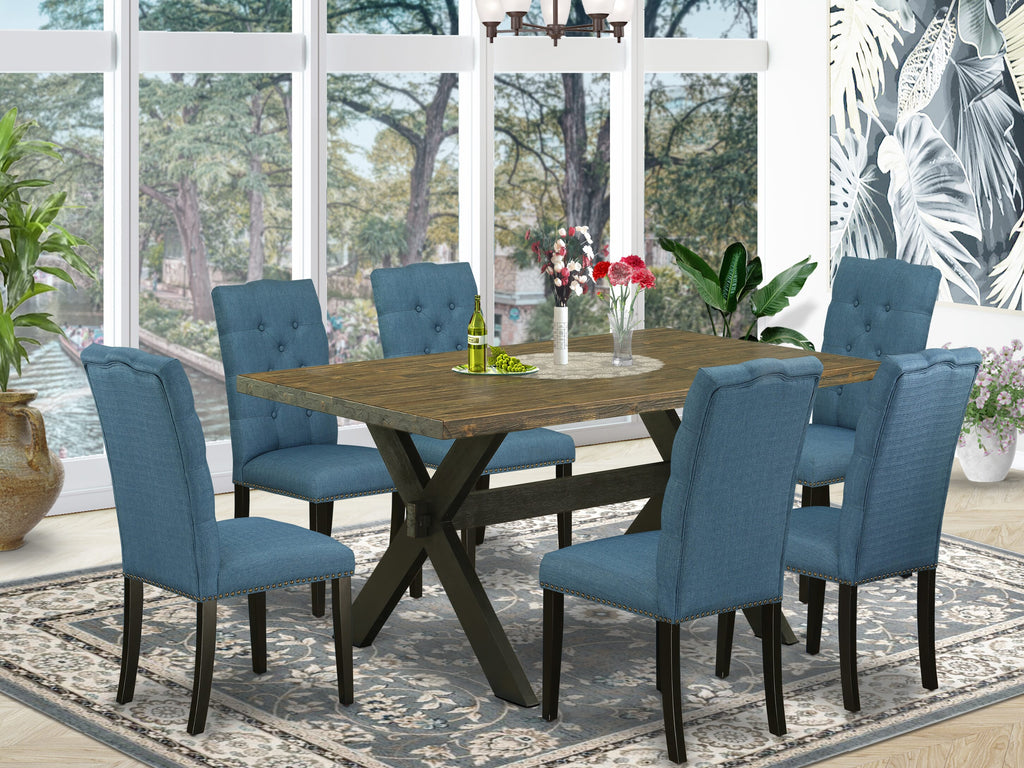 X676EVWSM-9 7-Piece Dining Ensemble Rectangle Table with X-Legs & 6 Blue Linen Parsons Chairs Set, Multi-Color, 60x36 Suitable for Kitchens