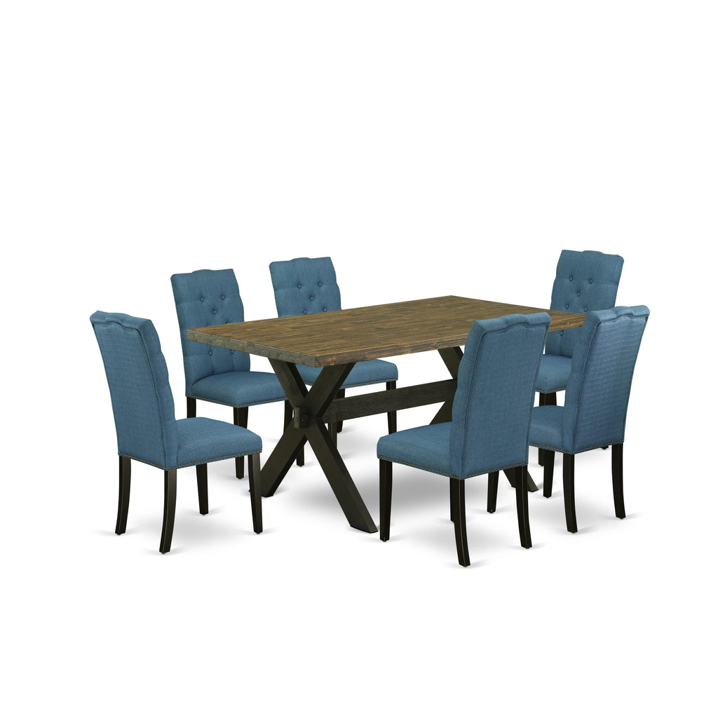 X676EVWSM-9 7-Piece Dining Ensemble Rectangle Table with X-Legs & 6 Blue Linen Parsons Chairs Set, Multi-Color, 60x36 Suitable for Kitchens