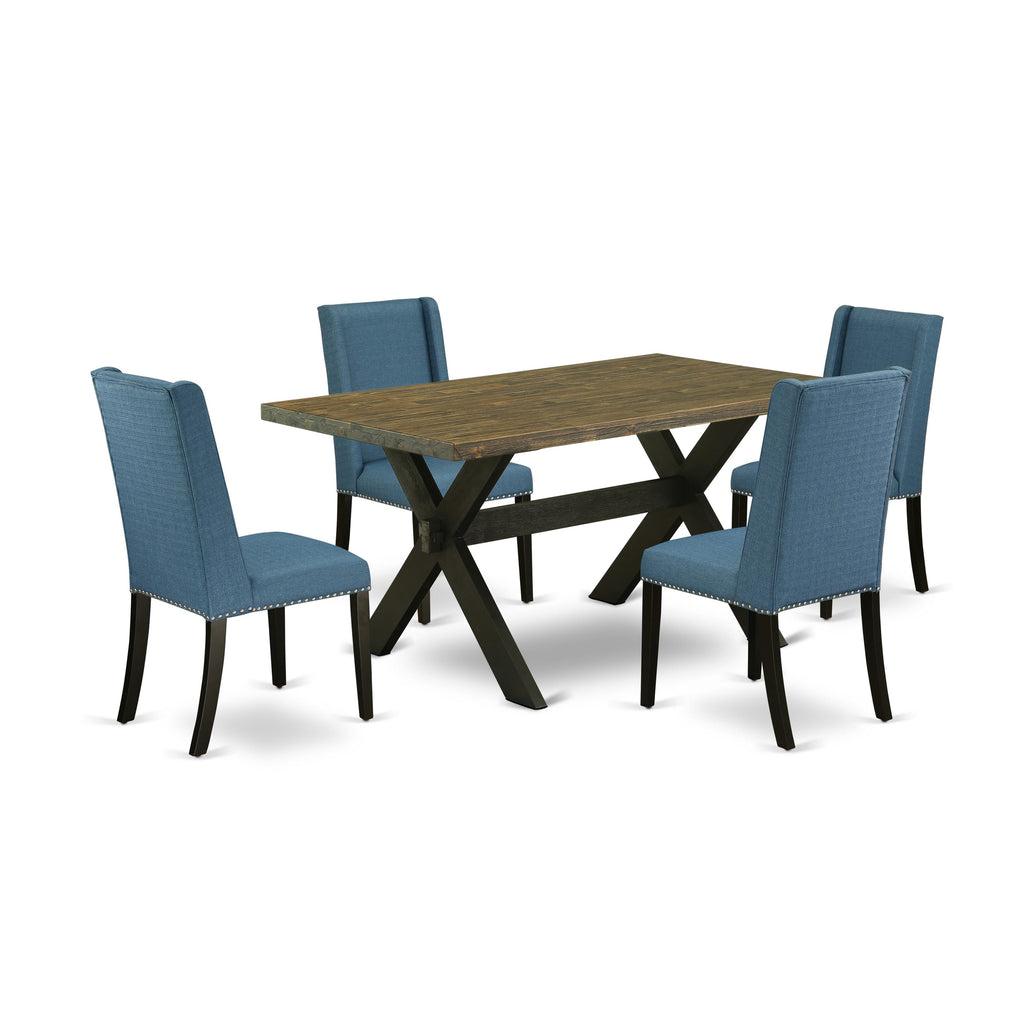 5 Piece Dining Ensemble X676FXNDH-C Table with X-Legs & 4 Blue Fabric Chairs, Multi-Color