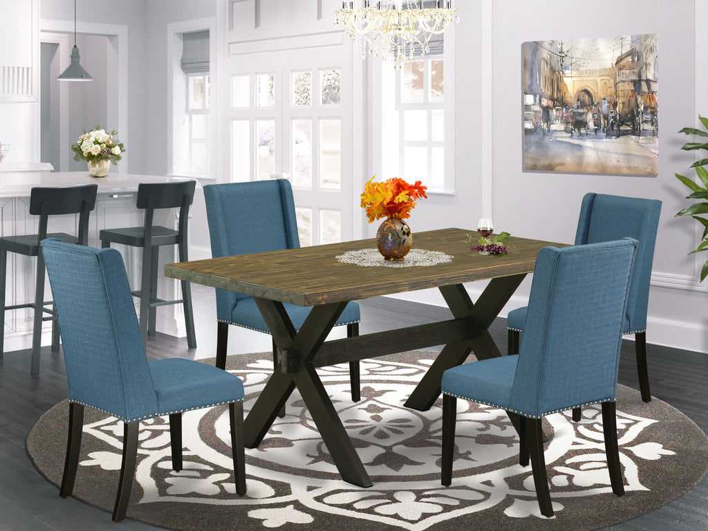 5 Piece Dining Ensemble X676FXNDH-C Table with X-Legs & 4 Blue Fabric Chairs, Multi-Color