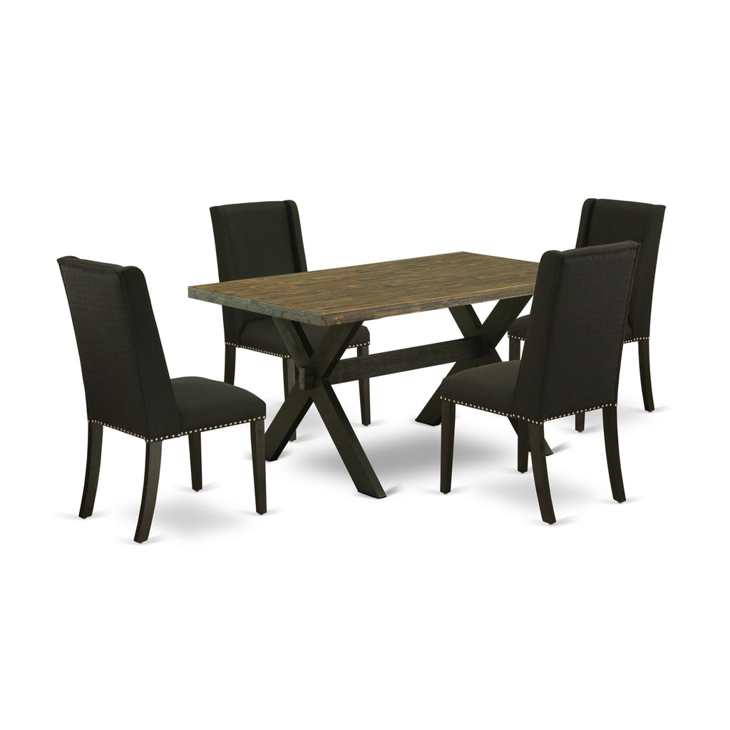 X676FML11-V Stylish 5 Piece Dining Ensemble Rectangular Table with X-Base & 4 Elegant Black Linen Parson Chairs