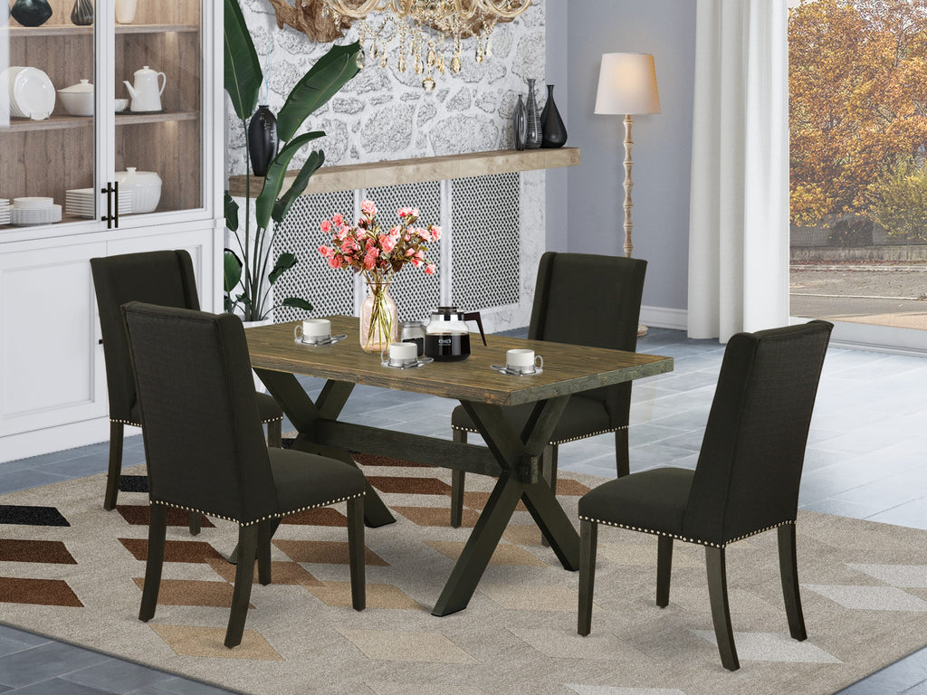 X676FML11-V Stylish 5 Piece Dining Ensemble Rectangular Table with X-Base & 4 Elegant Black Linen Parson Chairs