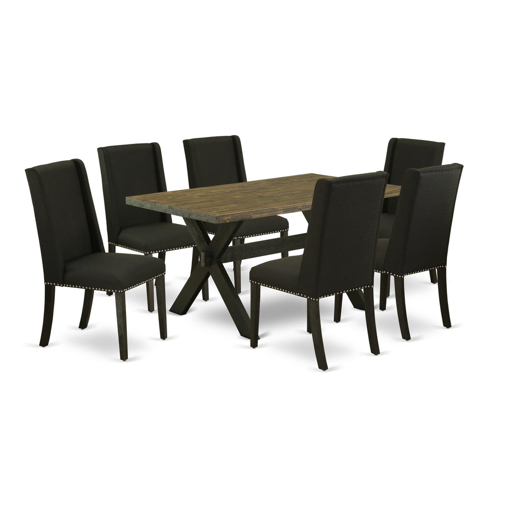 Elegant X676FVKT7-T 7 Piece Set Dining Table with X-Legs & 6 Black Linen Chairs, Multi-Color Mix, 36x60 Inch