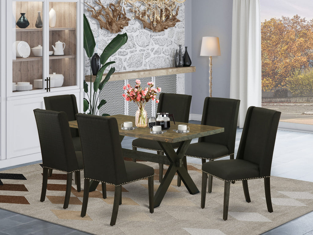 Elegant X676FVKT7-T 7 Piece Set Dining Table with X-Legs & 6 Black Linen Chairs, Multi-Color Mix, 36x60 Inch