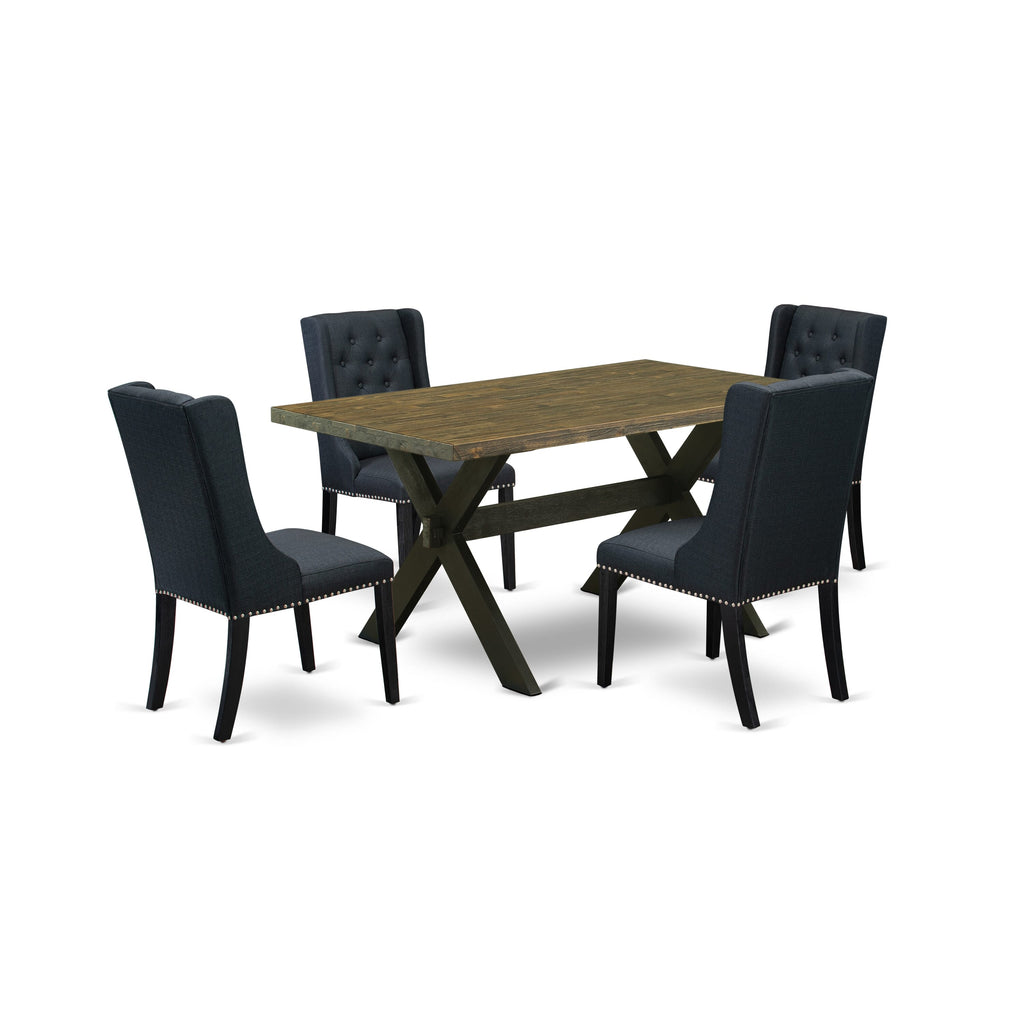 X676FC7BF-V Modern 5 Pc Dining Set with Unique X-Leg Design, Rectangular Table & 4 Chic Black Fabric Chairs