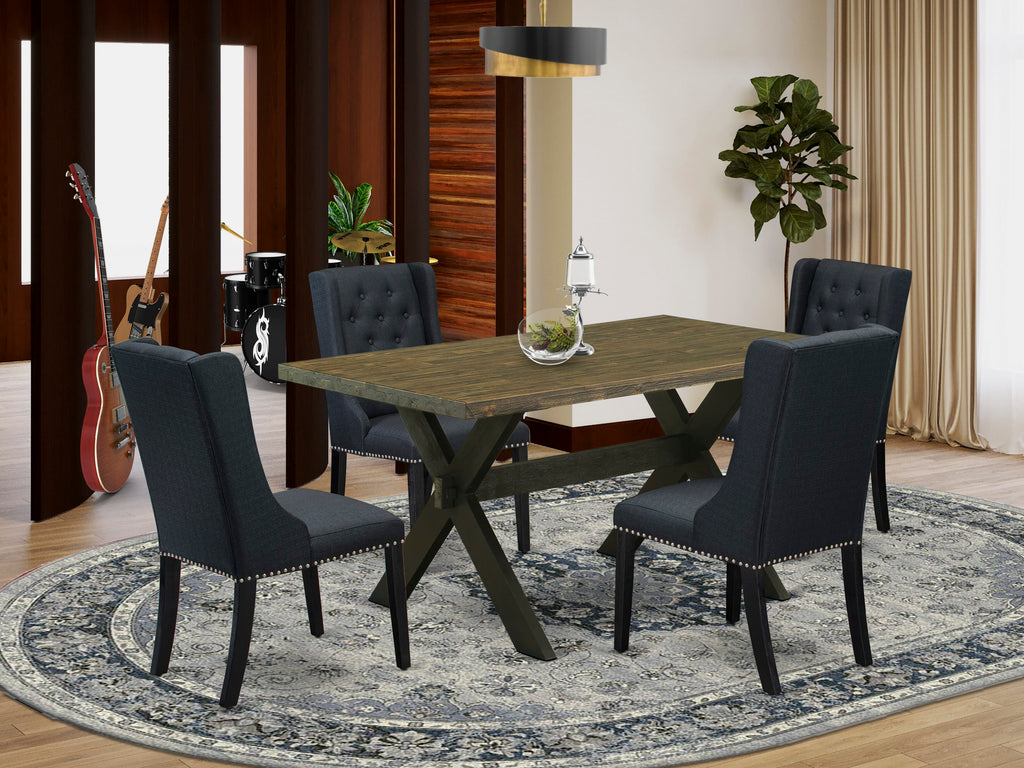 X676FC7BF-V Modern 5 Pc Dining Set with Unique X-Leg Design, Rectangular Table & 4 Chic Black Fabric Chairs