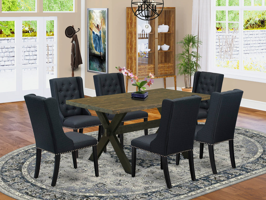 X676F2LX1-X 7-Piece Rectangle Dining Set with X-Leg Table and Six Black Linen Fabric Chairs 36x60 Inch, Multi-color
