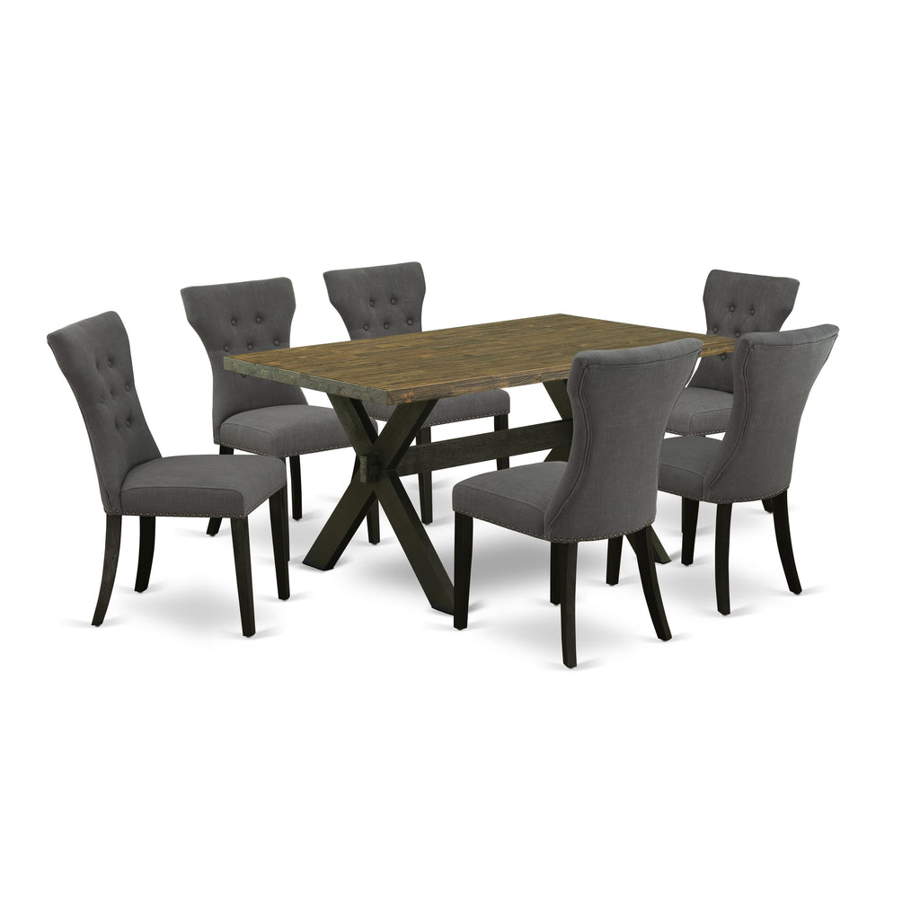 X676GJ8DD-I Seven-Piece Set Rectangular Dining Table with Crossed Legs and Six Upholstered Chairs in Dark Linen, 36 x 60, Multi-Color Elegance