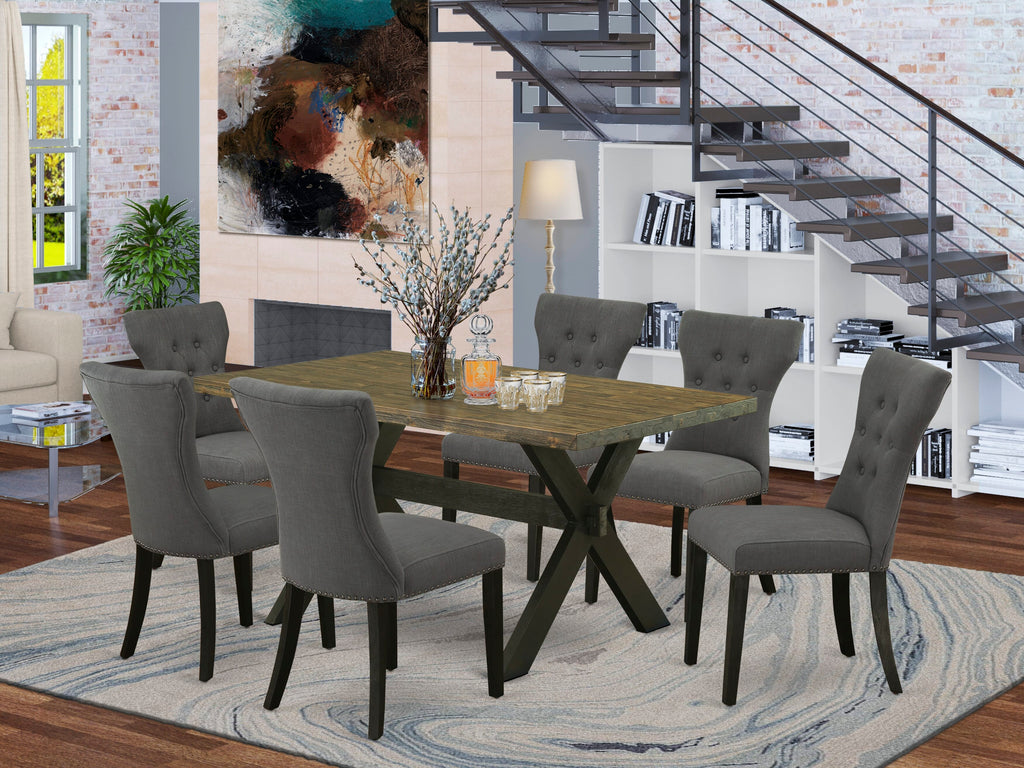 X676GJ8DD-I Seven-Piece Set Rectangular Dining Table with Crossed Legs and Six Upholstered Chairs in Dark Linen, 36 x 60, Multi-Color Elegance