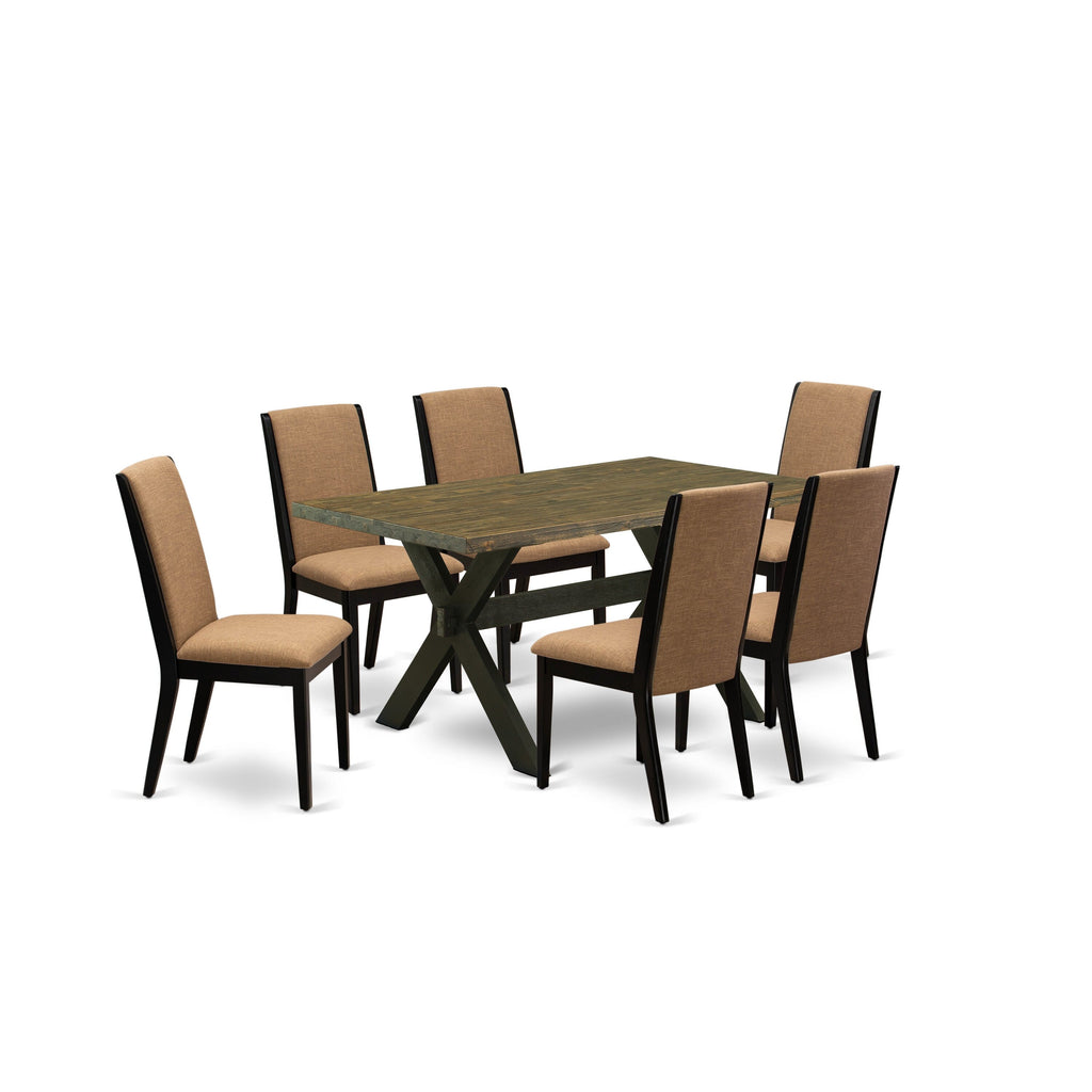 X676L7JGV-L Elegant 7-Piece Dining Room Arrangement with Rectangular Table, X-Legs Finish, and Six Upholstered Chairs