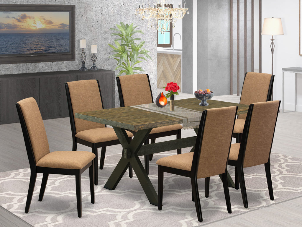 X676L7JGV-L Elegant 7-Piece Dining Room Arrangement with Rectangular Table, X-Legs Finish, and Six Upholstered Chairs