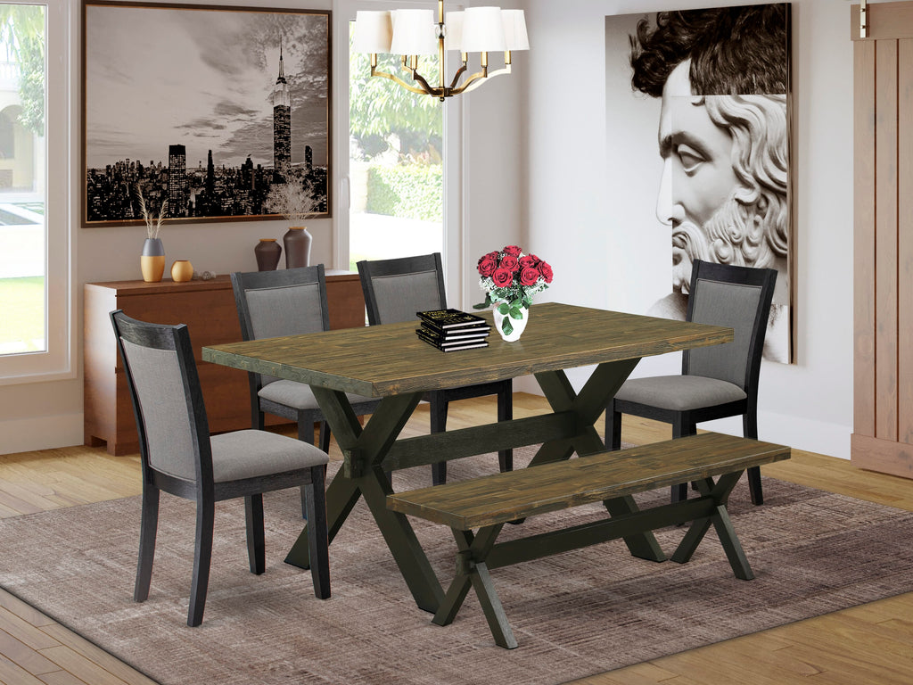X676MWYL9-O 6-Piece Rectangle Dining Room Set with X-Leg Table, Dark Grey Chairs & Bench - Multi-Color
