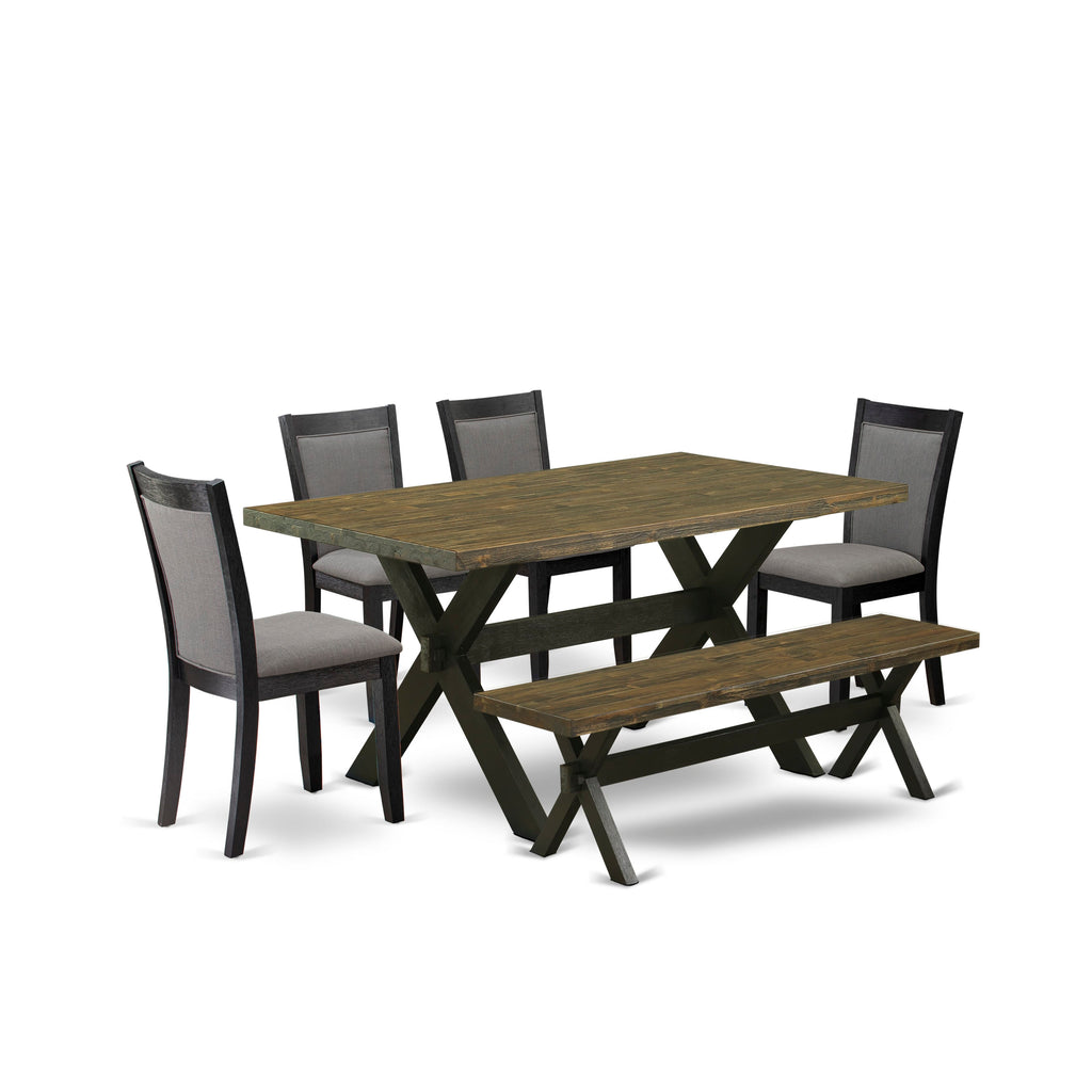 X676MWYL9-O 6-Piece Rectangle Dining Room Set with X-Leg Table, Dark Grey Chairs & Bench - Multi-Color