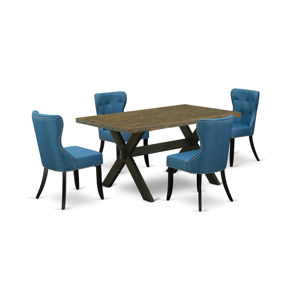 X676SDU96-T 5-Piece Dining Ensemble with Rectangular Table and Blue Upholstered Chairs